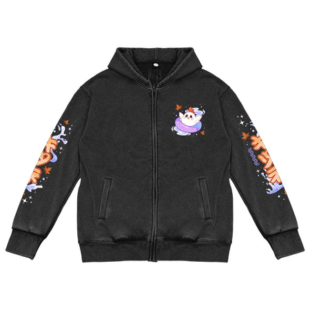 Maple_Chicken Acid Wash Zip-Up Black Hoodie