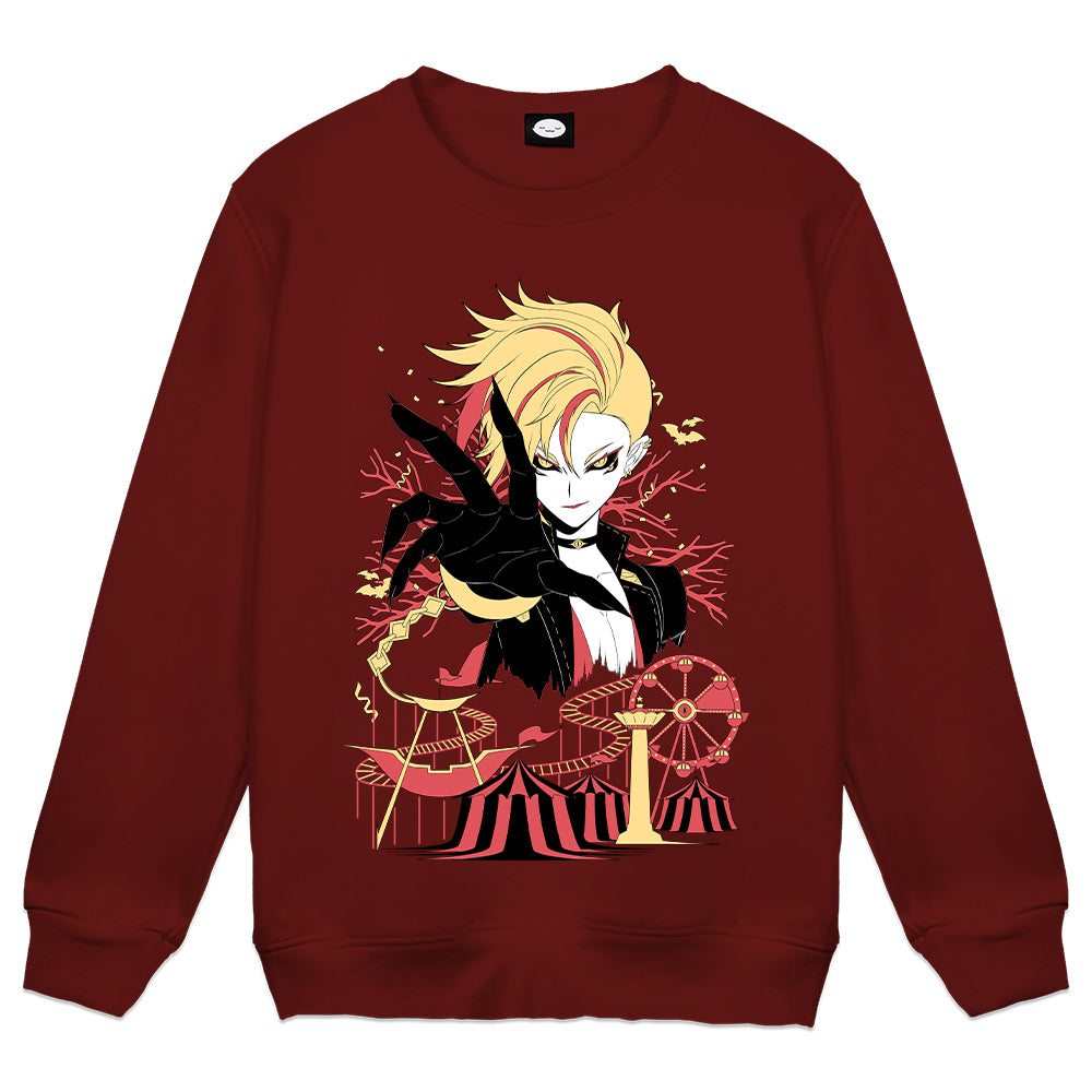 MarinGoRound Tent of Twisted Terror Crewneck in dark red